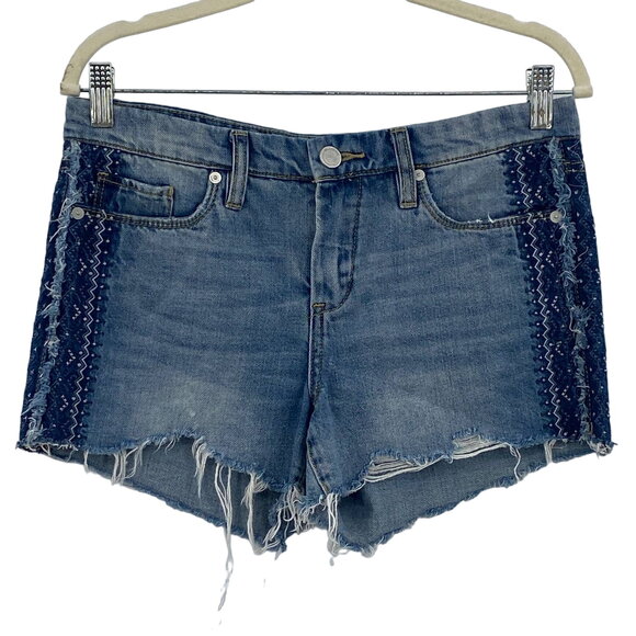 Blank NYC Blue Denim Raw Hem Embroidered Cut Off Hiker Jean Shorts SZ 26 (2) - Picture 1 of 10